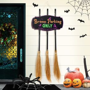 OYEFLY Halloween Decor,Broom Parking Sign with 3 Wooden Witches Brooms,Halloween Decorations Outdoor Front Porch or Indoor Living Room Wall Halloween Decoration (Black)