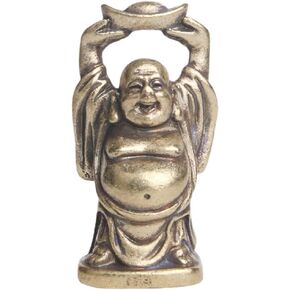 Mini Copper Buddha Figurine Statue Laughing Buddha Holding Ingot Money Bag Statue Attract Wealth Feng Shui Ornament for Home Office Decor