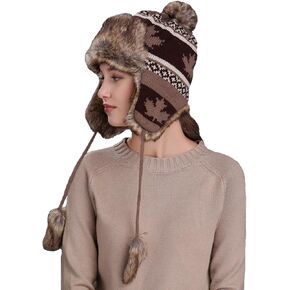 Women Maple Leaf Winter Knit Beanie Hat Fur Pom Warm Fleece Ear Flaps Slouchy Snow Skull Ski Cap Ushanka Trapper Hat