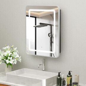 ROOMTEC Lighted Medicine Cabinet with Mirror, Bathroom Mirror Cabinet with Lights and Storage, Single Doors Bathroom Wall Cabinet with LED Lights,Silver,16"x24"