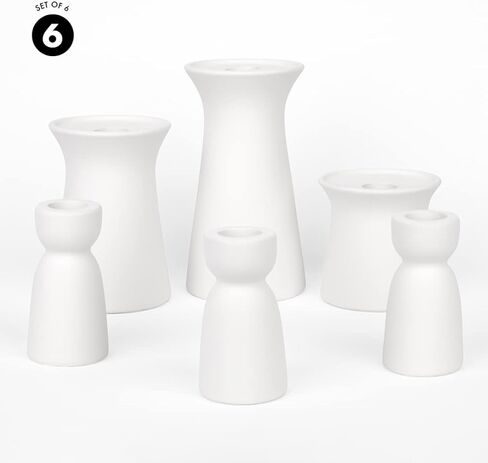 حاملات شموع على شكل عمود من السيراميك باللون الأبيض غير اللامع من Koyal، حوامل شموع من الخزف الحجري الحديث من Koyal، مجموعة من 6 قطع in Kuwait