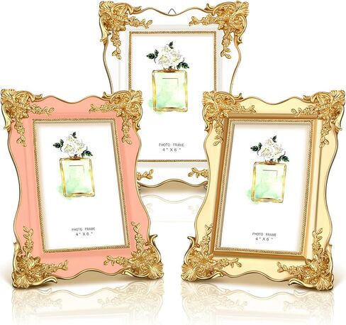 3 Pcs 4x6 Inch Vintage Picture Frame Trim Antique Ornate Resin Photo Frame with Easel and Hook for Tabletop Wall Art Decor Display Home Office(Gold,White,Pink) in Saudi Arabia