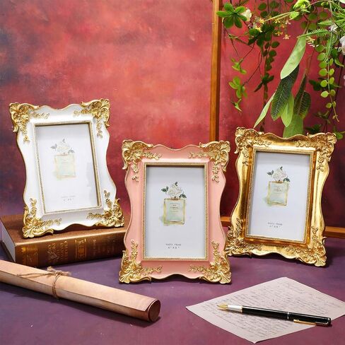 3 Pcs 4x6 Inch Vintage Picture Frame Trim Antique Ornate Resin Photo Frame with Easel and Hook for Tabletop Wall Art Decor Display Home Office(Gold,White,Pink) in Saudi Arabia