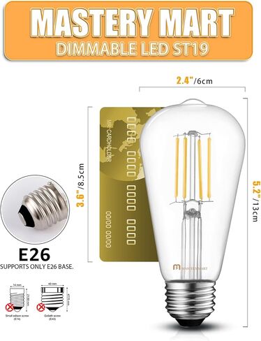 MASTERY MART ST21 [60W Equivalent] [Dimmable] [CRI 95+] LED 5.5W Vintage Light Bulbs, 2700K Soft White, Clear Glass Antique Decorative Filament Edison Bulb, E26 Base, 500LM, (6 Pack) in Saudi Arabia