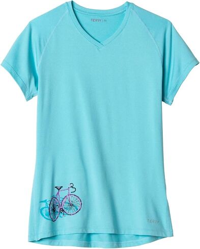 Terry V-Neck Tech Tee, Womens Short Sleeve Semi-Fitted UPF 50+ Sun Top Athletic Active Workout Shirt Cycling Jersey in Kuwait