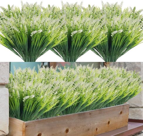 12 حزمة من النباتات الاصطناعية في الهواء الطلق العشب وهمية مع زهور اللافندر فو مقاومة للأشعة فوق البنفسجية الخضراء حديقة الفناء الشرفة نافذة مربع مزرعة تزيين شنقا (أبيض) in Saudi Arabia
