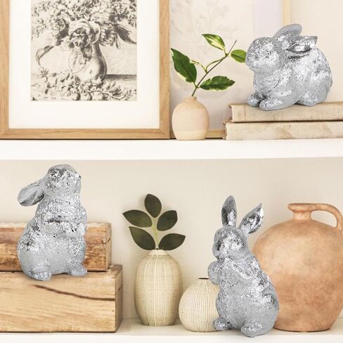 Hodao 3 PCS Easter Bunny Decorations Spring Easter Rabbit Decor Figurines Easter Day Tabletopper Decorations for Easter Party Home Holiday Cute Rabbit Easter Day Gifts Decorations (Silver) in Saudi Arabia