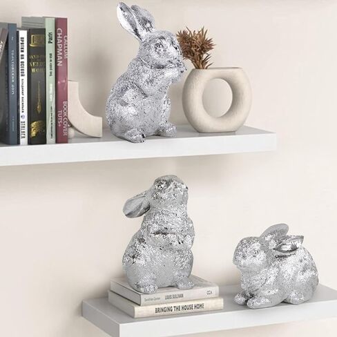 Hodao 3 PCS Easter Bunny Decorations Spring Easter Rabbit Decor Figurines Easter Day Tabletopper Decorations for Easter Party Home Holiday Cute Rabbit Easter Day Gifts Decorations (Silver) in Saudi Arabia