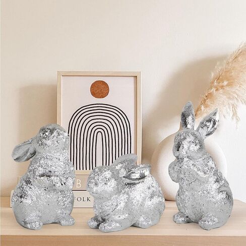 Hodao 3 PCS Easter Bunny Decorations Spring Easter Rabbit Decor Figurines Easter Day Tabletopper Decorations for Easter Party Home Holiday Cute Rabbit Easter Day Gifts Decorations (Silver) in Saudi Arabia