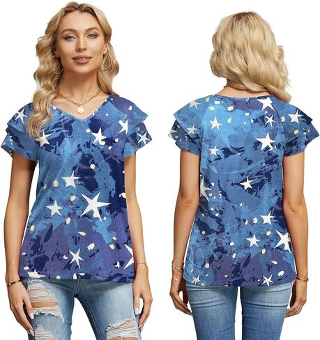 Womens Floral Tops Ruffle Sleeve Shirts for Women V Neck Loose Fit Casual Tee Tunics in Saudi Arabia