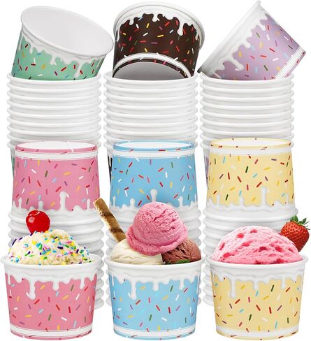 Aodaer 60 Pack Ice Cream Cups 8 Oz Sprinkles Paper Ice Cream Bowls 6 Color Disposable Snack Bowls Party Supplies Treat Cups for Sundae, Frozen Yogurt, Dessert in Saudi Arabia