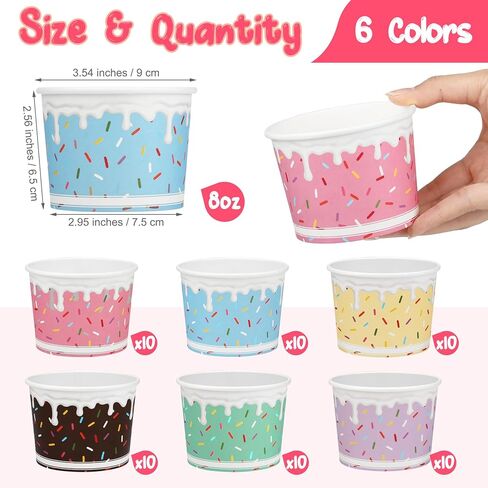 Aodaer 60 Pack Ice Cream Cups 8 Oz Sprinkles Paper Ice Cream Bowls 6 Color Disposable Snack Bowls Party Supplies Treat Cups for Sundae, Frozen Yogurt, Dessert in Saudi Arabia