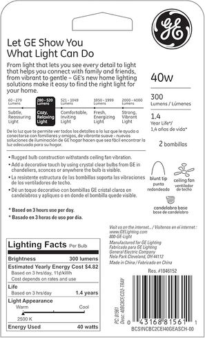 Ge Ceiling Fan Light Bulbs Blunt Tip 40 W 280 Lumens Candelabra 3.19 in. C-7a Clear Carded 2 Pack in Saudi Arabia
