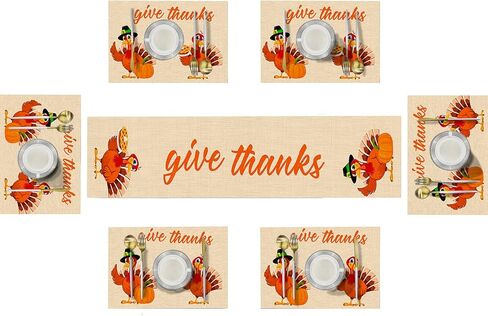 مفارش طاولة الطعام باللون البرتقالي لعيد الشكر من إمفينسي، مجموعة مكونة من 6 قطع ومفرش طاولة، مجموعة الخريف المقاومة للحرارة لتزيين حفلات المنزل في الأماكن الخارجية والداخلية (مفرش طاولة واحد بطول 72 بوصة و6 مفارش) in Kuwait