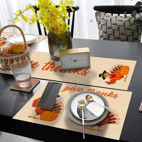 مفارش طاولة الطعام باللون البرتقالي لعيد الشكر من إمفينسي، مجموعة مكونة من 6 قطع ومفرش طاولة، مجموعة الخريف المقاومة للحرارة لتزيين حفلات المنزل في الأماكن الخارجية والداخلية (مفرش طاولة واحد بطول 72 بوصة و6 مفارش) in Kuwait