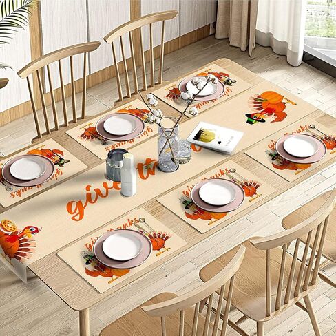 مفارش طاولة الطعام باللون البرتقالي لعيد الشكر من إمفينسي، مجموعة مكونة من 6 قطع ومفرش طاولة، مجموعة الخريف المقاومة للحرارة لتزيين حفلات المنزل في الأماكن الخارجية والداخلية (مفرش طاولة واحد بطول 72 بوصة و6 مفارش) in Kuwait