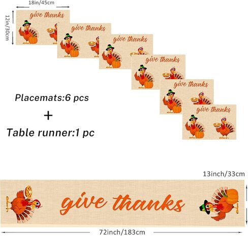 مفارش طاولة الطعام باللون البرتقالي لعيد الشكر من إمفينسي، مجموعة مكونة من 6 قطع ومفرش طاولة، مجموعة الخريف المقاومة للحرارة لتزيين حفلات المنزل في الأماكن الخارجية والداخلية (مفرش طاولة واحد بطول 72 بوصة و6 مفارش) in Kuwait