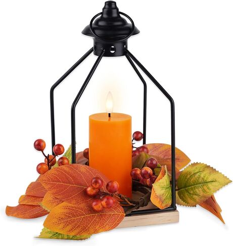 Rhytsing Harvest and Thanksgiving Table Centerpieces, H 10 Inches Decorative Lantern with Real Wax Orange LED Candle and Fall Candle Ring, Battery Metal Hanging Lanterns with Timer for Autumn in Saudi Arabia