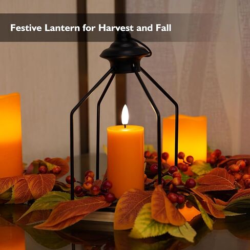 Rhytsing Harvest and Thanksgiving Table Centerpieces, H 10 Inches Decorative Lantern with Real Wax Orange LED Candle and Fall Candle Ring, Battery Metal Hanging Lanterns with Timer for Autumn in Saudi Arabia