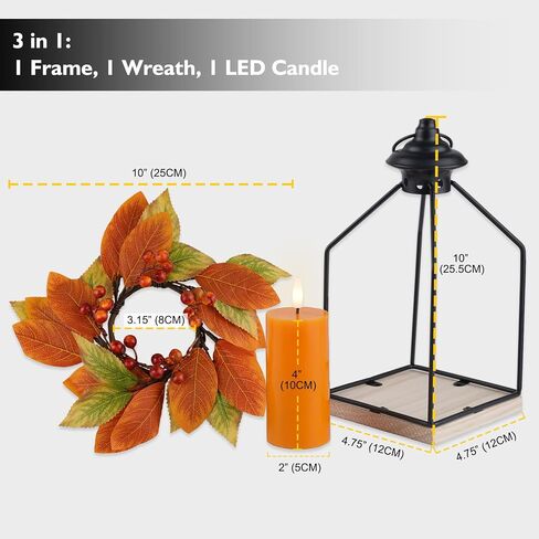 Rhytsing Harvest and Thanksgiving Table Centerpieces, H 10 Inches Decorative Lantern with Real Wax Orange LED Candle and Fall Candle Ring, Battery Metal Hanging Lanterns with Timer for Autumn in Saudi Arabia