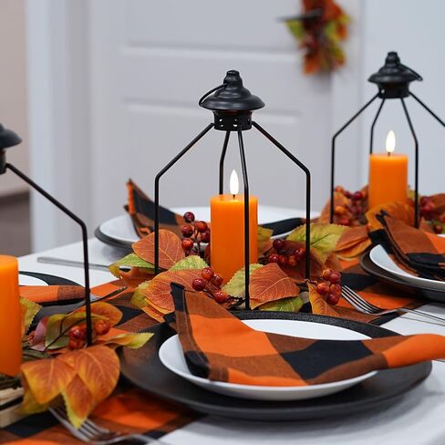 Rhytsing Harvest and Thanksgiving Table Centerpieces, H 10 Inches Decorative Lantern with Real Wax Orange LED Candle and Fall Candle Ring, Battery Metal Hanging Lanterns with Timer for Autumn in Saudi Arabia