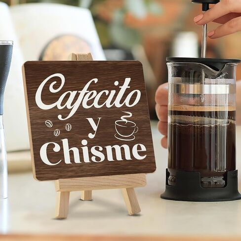 Coffee Sign Cafecito y Chisme Wood Sign with Easel Coffee Lover Gifts Wood Plaque Home Kitchen Coffee Station Table Decor in Saudi Arabia