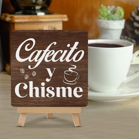 Coffee Sign Cafecito y Chisme Wood Sign with Easel Coffee Lover Gifts Wood Plaque Home Kitchen Coffee Station Table Decor in Saudi Arabia
