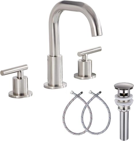 GGStudy 360° Swivel Spout Two Handles 3 Holes 8-16 inch Widespread Bathroom Sink Faucet Matte Black Matching with Pop Up Drain in Saudi Arabia