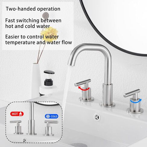 GGStudy 360° Swivel Spout Two Handles 3 Holes 8-16 inch Widespread Bathroom Sink Faucet Matte Black Matching with Pop Up Drain in Saudi Arabia