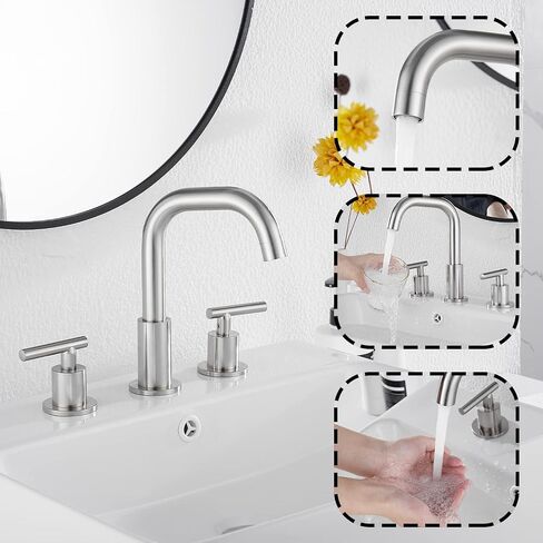 GGStudy 360° Swivel Spout Two Handles 3 Holes 8-16 inch Widespread Bathroom Sink Faucet Matte Black Matching with Pop Up Drain in Saudi Arabia