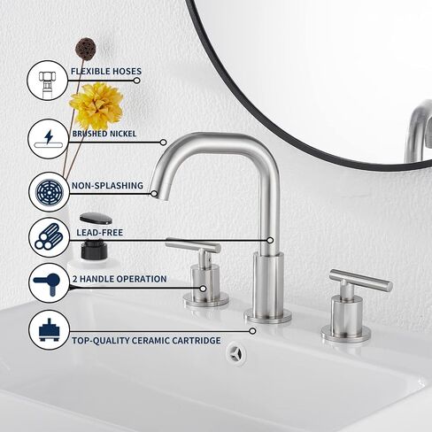 GGStudy 360° Swivel Spout Two Handles 3 Holes 8-16 inch Widespread Bathroom Sink Faucet Matte Black Matching with Pop Up Drain in Saudi Arabia