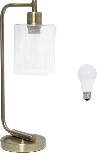 Simple Designs LD1036-WHT Bronson Antique Style Industrial Iron Lantern Desk Bedside Glass Shade Table Lamp, White in Saudi Arabia