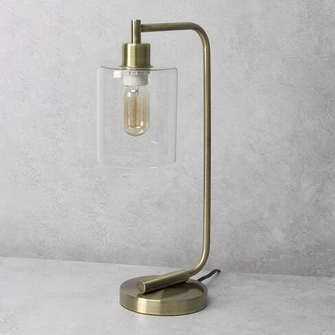 Simple Designs LD1036-WHT Bronson Antique Style Industrial Iron Lantern Desk Bedside Glass Shade Table Lamp, White in Saudi Arabia