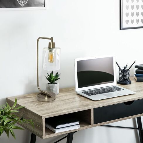 Simple Designs LD1036-WHT Bronson Antique Style Industrial Iron Lantern Desk Bedside Glass Shade Table Lamp, White in Saudi Arabia