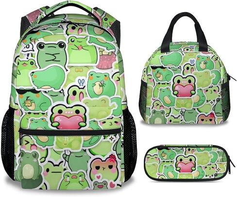 Frog Backpack with Lunch Box And Pencil Case, Set of 3 Cute Bookbag for Girls Boys, Lightweight Large Capacity School Bag in Saudi Arabia