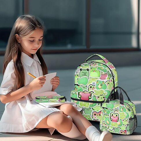 Frog Backpack with Lunch Box And Pencil Case, Set of 3 Cute Bookbag for Girls Boys, Lightweight Large Capacity School Bag in Saudi Arabia