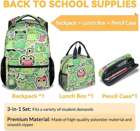 Frog Backpack with Lunch Box And Pencil Case, Set of 3 Cute Bookbag for Girls Boys, Lightweight Large Capacity School Bag in Saudi Arabia