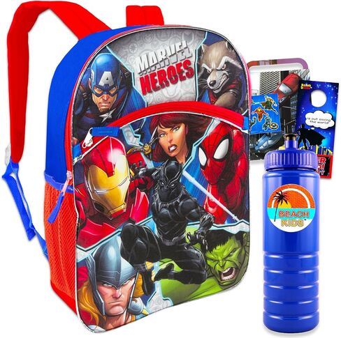 Marvel Avengers Backpack for Kids - Bundle with 16 Inch Avengers Backpack Featuring Iron Man, Captain America, Spiderman and More Plus Water Bottle and Stickers (Superhero Backpacks) in Saudi Arabia