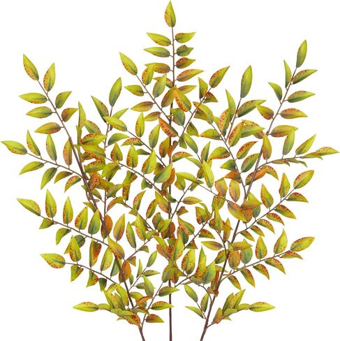 Hollyone 3 Pcs Artificial Fall Leaves Stems Branches 32.6" Fake Peach Leaves Branches Fall Leaves Shrubs Silk Autumn Leaf Bushes Faux Foliage Thanksgiving Centerpieces Festival Home Decor Yellow Green in Saudi Arabia