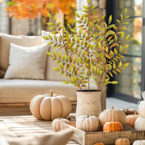 Hollyone 3 Pcs Artificial Fall Leaves Stems Branches 32.6" Fake Peach Leaves Branches Fall Leaves Shrubs Silk Autumn Leaf Bushes Faux Foliage Thanksgiving Centerpieces Festival Home Decor Yellow Green in Saudi Arabia