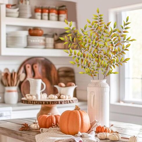 Hollyone 3 Pcs Artificial Fall Leaves Stems Branches 32.6" Fake Peach Leaves Branches Fall Leaves Shrubs Silk Autumn Leaf Bushes Faux Foliage Thanksgiving Centerpieces Festival Home Decor Yellow Green in Saudi Arabia