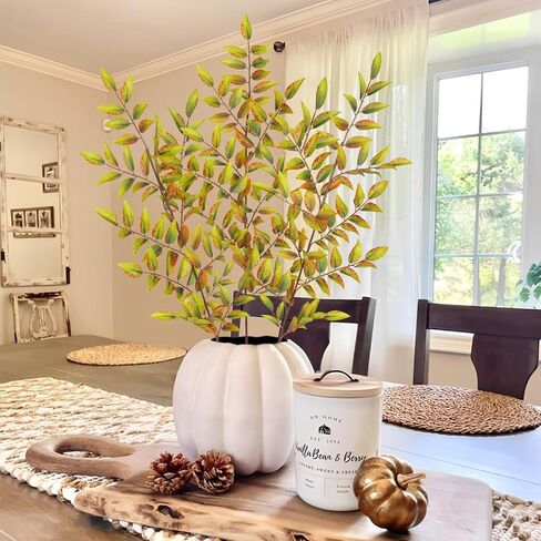 Hollyone 3 Pcs Artificial Fall Leaves Stems Branches 32.6" Fake Peach Leaves Branches Fall Leaves Shrubs Silk Autumn Leaf Bushes Faux Foliage Thanksgiving Centerpieces Festival Home Decor Yellow Green in Saudi Arabia