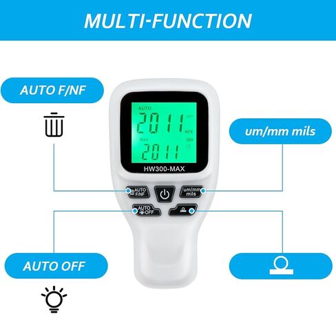 مقياس سمك الطلاء قياس تلقائي شاشة رقمية مقياس طلاء السيارة يحدد تلقائيًا الركيزة والمعادن والطلاء غير الموصل (أبيض) in Kuwait