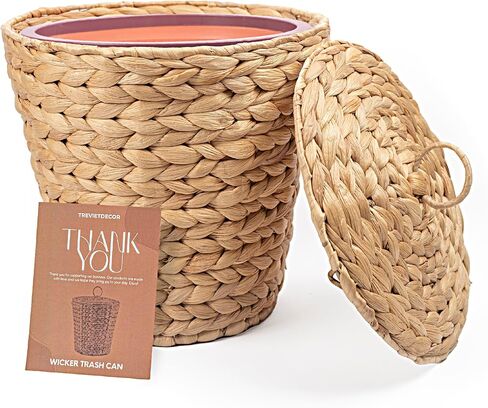 Wicker Trash Can with Lid in Bedroom, Bathroom | Trash Can in Office | Boho Woven Wicker Waste Basket in Saudi Arabia