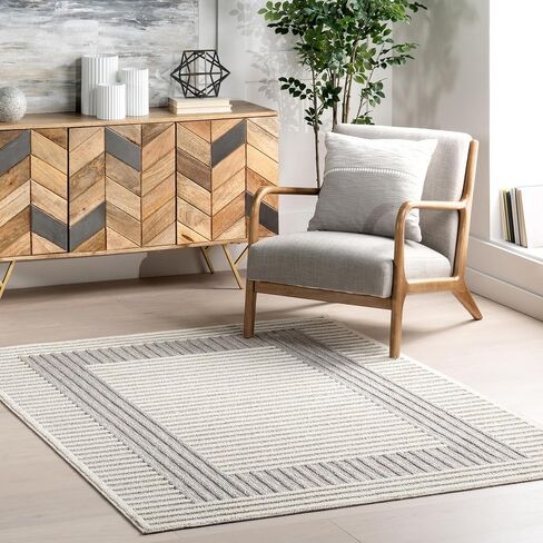 nuLOOM Nicka Striped 9x12 Machine Washable Area Rug for Living Room Bedroom Dining Room Kitchen, Light Grey/Cream in Saudi Arabia