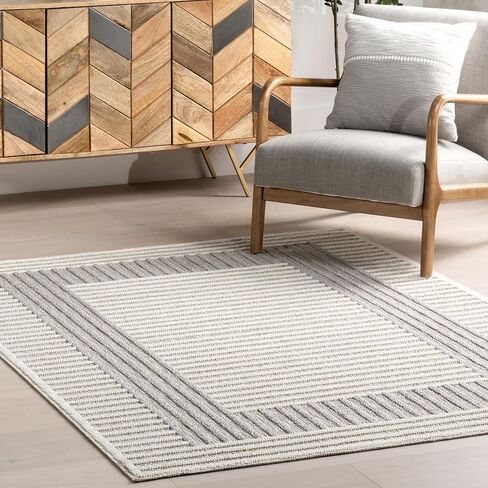 nuLOOM Nicka Striped 9x12 Machine Washable Area Rug for Living Room Bedroom Dining Room Kitchen, Light Grey/Cream in Saudi Arabia