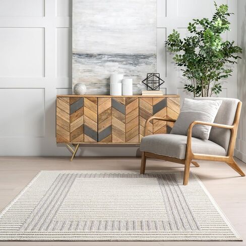 nuLOOM Nicka Striped 9x12 Machine Washable Area Rug for Living Room Bedroom Dining Room Kitchen, Light Grey/Cream in Saudi Arabia