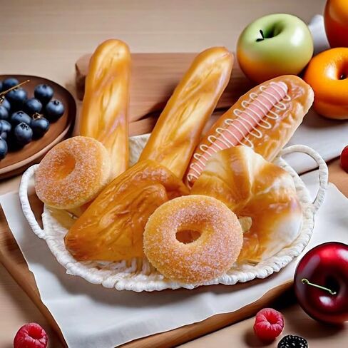 7pcs Artificial Bread Set, Realistic Fake Food for Display, Fake Bread for Decoration, Creative Staging Props, Includes Artificial French Long Bread Loaf,Fake Hotdog Bread,Doughnut in Saudi Arabia
