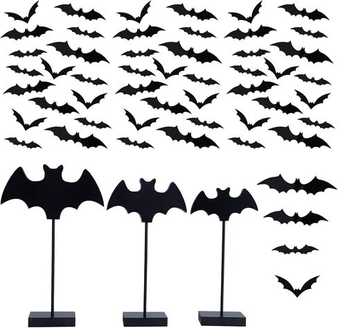 ديكور طاولة وجدار الهالوين، 3 قطع من ملصقات تزيين الخفافيش الخشبية و60 قطعة من ملصقات تزيين الخفافيش ثلاثية الأبعاد لعيد الهالوين لديكور المنزل في حفلة الهالوين (خفافيش ريفية) in Kuwait