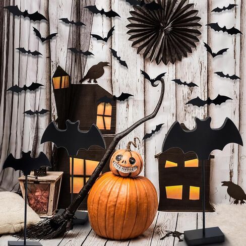 ديكور طاولة وجدار الهالوين، 3 قطع من ملصقات تزيين الخفافيش الخشبية و60 قطعة من ملصقات تزيين الخفافيش ثلاثية الأبعاد لعيد الهالوين لديكور المنزل في حفلة الهالوين (خفافيش ريفية) in Kuwait
